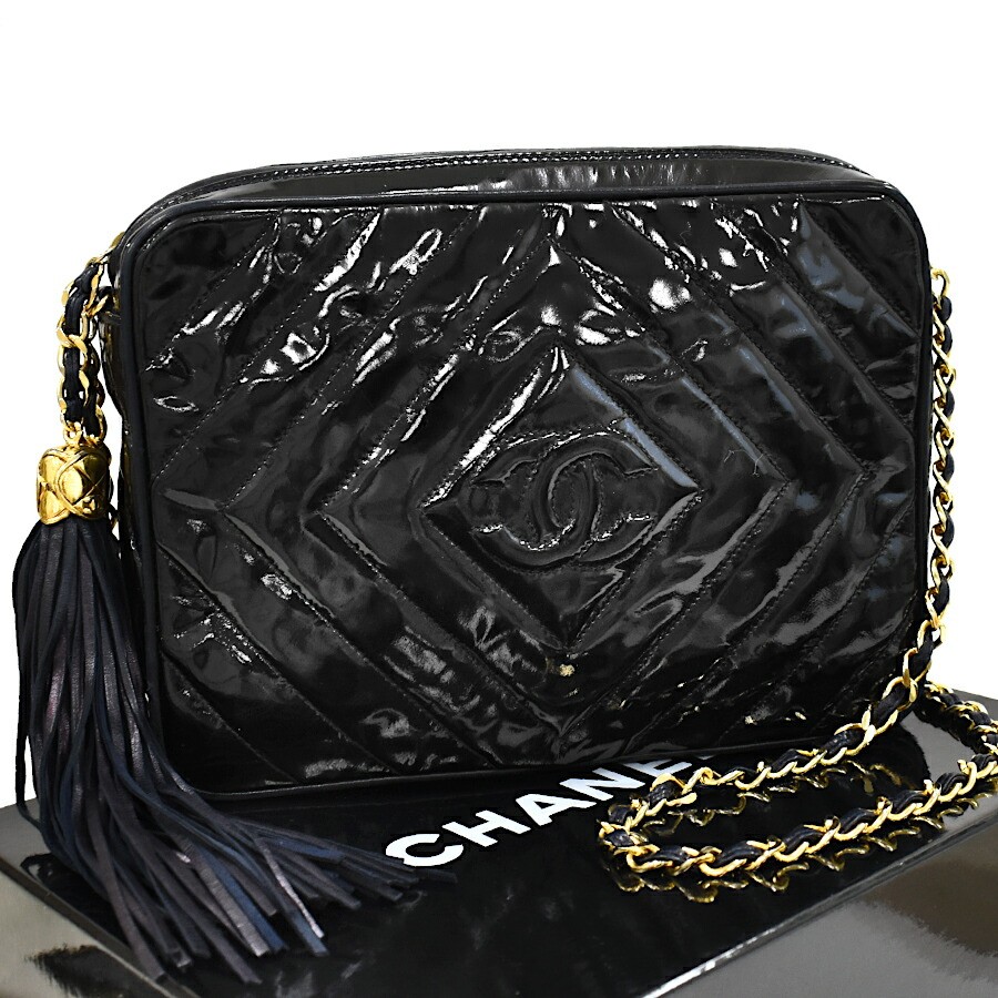 Vintage Chanel Black Navy Patent Leather Shoulder Bag with Diamond Stitch & Tassel Chain