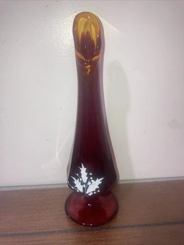 Vtg FENTON Hand Painted Christmas Holly Amberina Red Art Glass Swung Bud Vase