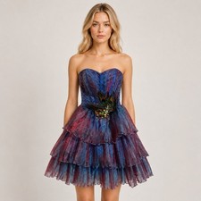 Tony Bowls Strapless Iridescent Tiered Dress Blue Purple Corset Prom HOCO SZ 4