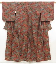 5413T07z780 Vintage Japanese Kimono Silk KOMON Flowers Dark red