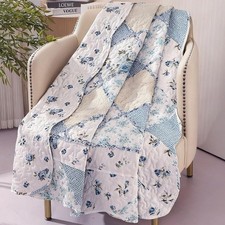Twin Size Patchwork Quilt Throw Blanket for Couch Sofa Blue Vintage Floral Re...