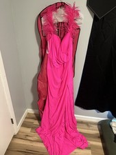Sherri Hill Pink V-Neck Long Formal Gown Feather Trim Sleeveless Size 14