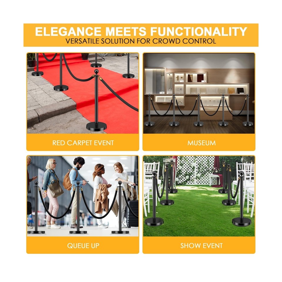 Corde De Contrôle Foule Velours Noir 5 Pieds (60") Avec Crochets - Barrière Événement