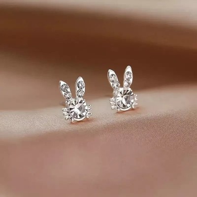 14K White Gold Plated Round Lab-Created Diamond Easter Rabbit Women Stud Earring