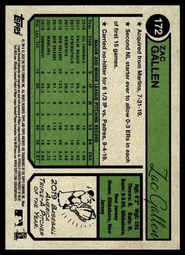 2020 Topps Archives Zac Gallen Rookie Arizona Diamondbacks #172 R8 - Picture 2 of 2