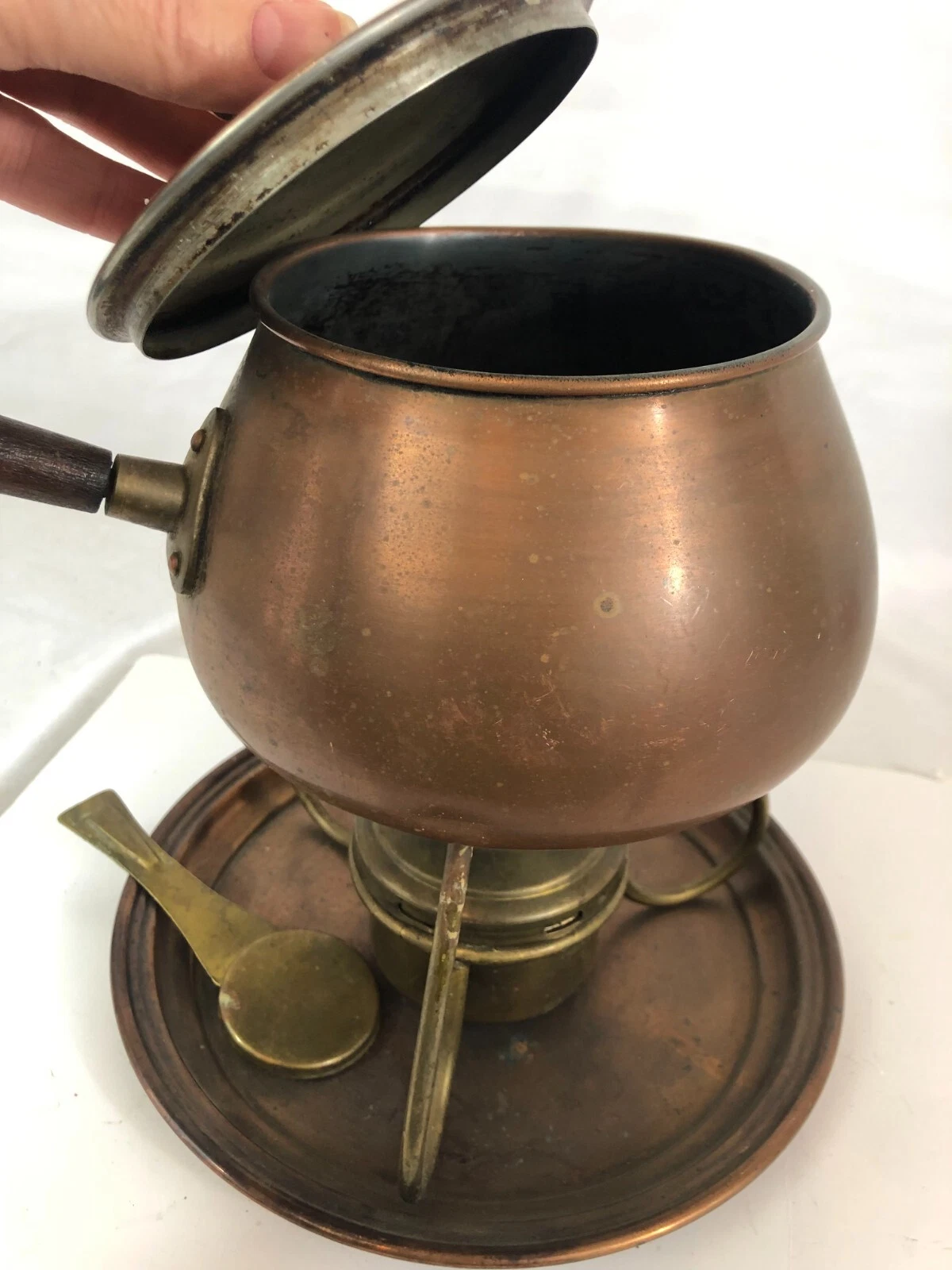 Vintage Copper Fondue Set- 6 Pc Pot Lid Sterno Rack Made in Portugal MCM