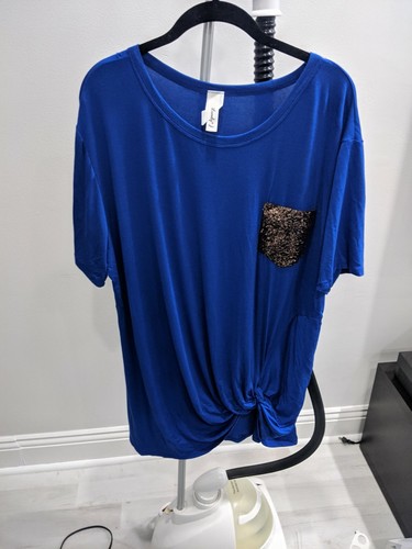 Preciosa Blusa J Royal Blue Gold Lentejuelas Bolsillo con Corbata Top Talla 3XL NUEVA SIN ETIQUETAS - Imagen 2 de 8
