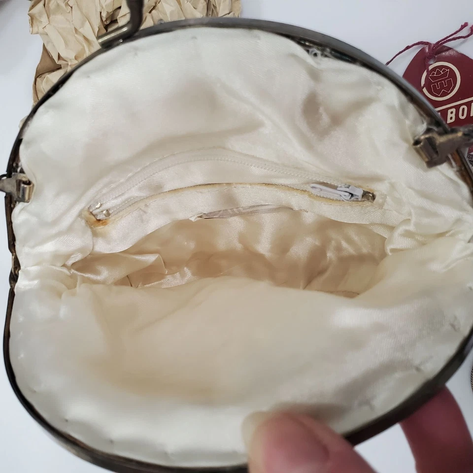 Bolso clutch Walborg vintage años 50 1960 marfil plata con cuentas bloqueo de beso noche nuevo con etiquetas Foto 3 de 4