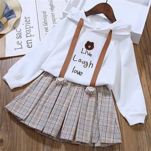 Clothing Sets Cotton Cartoon Little Bear Hoodies Pleated Skirt Children Birthday - Picture 2 of 8