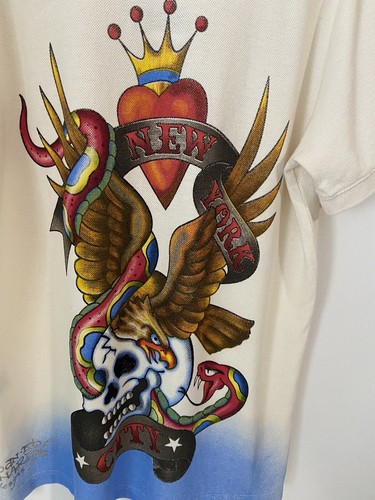 NWT Ed Hardy By Christian Audigier Mens Polo Pique Top Shirt L White/Blue - Picture 3 of 10