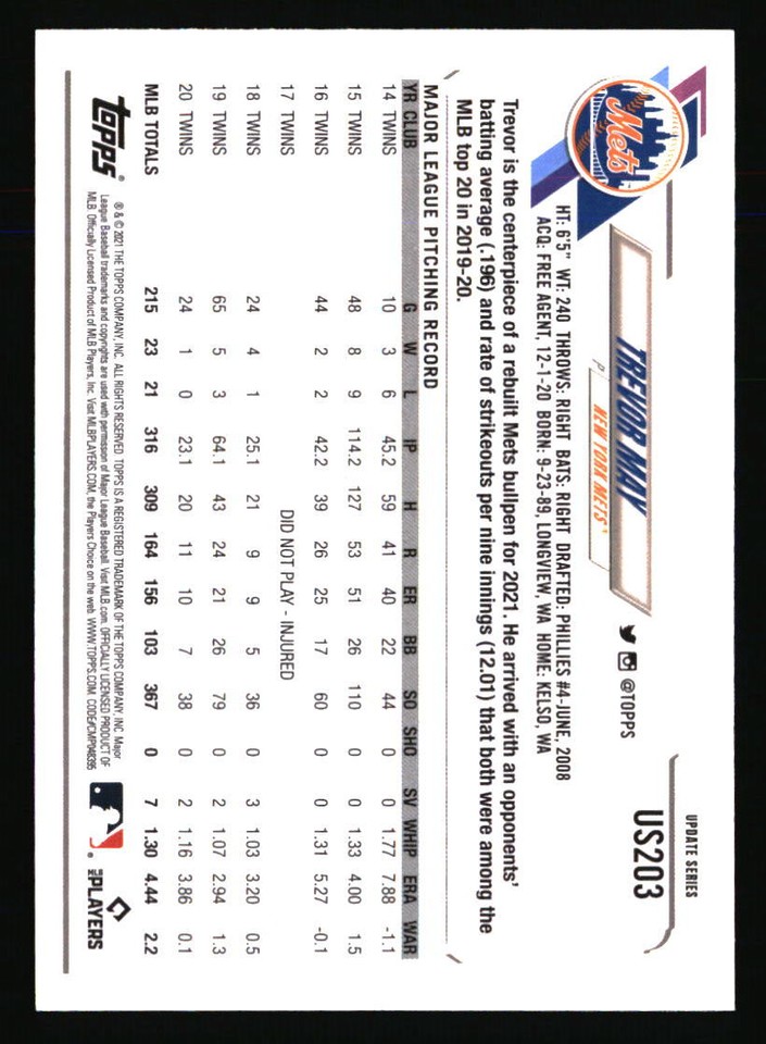 Trevor May 2021 Topps Update US203 BASEBALL Card eBay