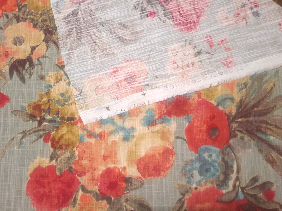 Tela P Kaufmann GARDEN ODYSSEY FOG Rojo Azul Acuarela Floral Cortinas Uph Foto 2 de 4