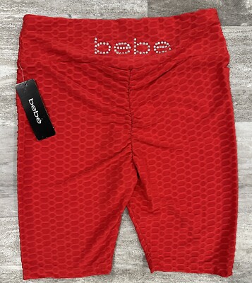 Bebe Womens Rhinestone Logo Red Biker Shorts Size Large Brand New