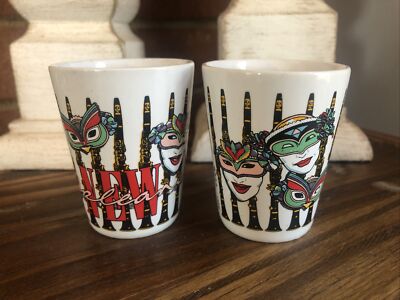 Vintage Shot Glasses New Orleans Jazz Music MARDI GRAS MASK White Ceramic VIVID