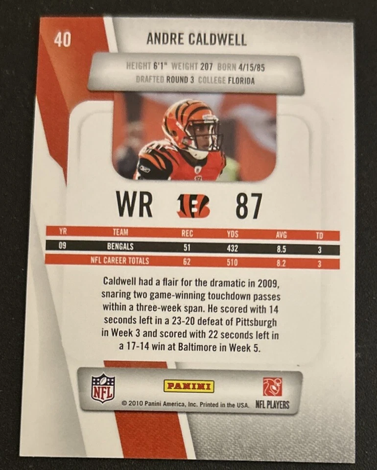 2010 Panini Playoff Prestige Andre Caldwell Football Card #40 Bengals WR VGEX - Image 2 of 2