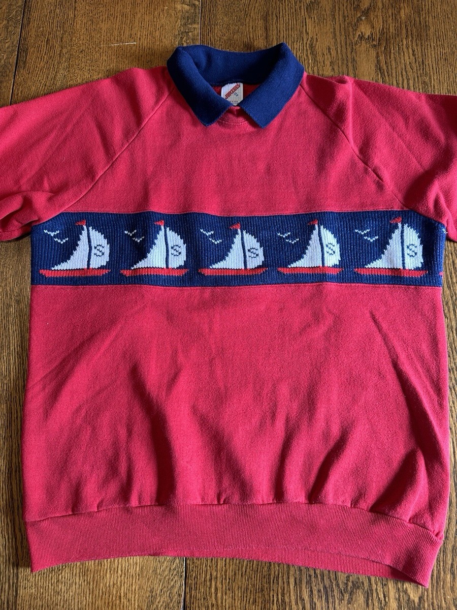 Vtg Jerzees Sweatshirt Collar Knit Chest Panel Sailboats XL