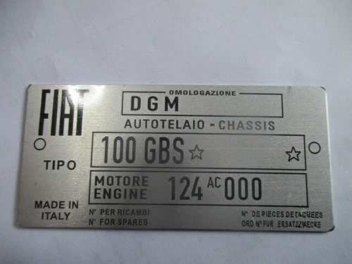S57 Nameplate FIAT Plate Tipo 100 GBS 850 Sport Spider Engine 124AC000