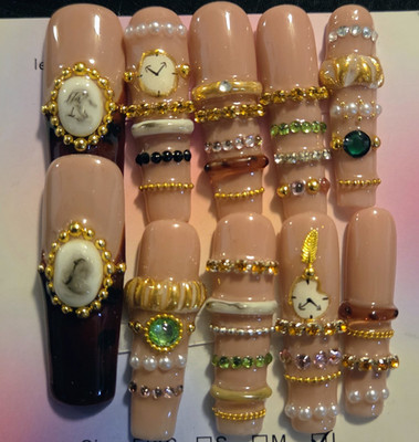 Handmade Square Press-On Nails Long Beige/Black 3D Pearls Gems Bangles-M