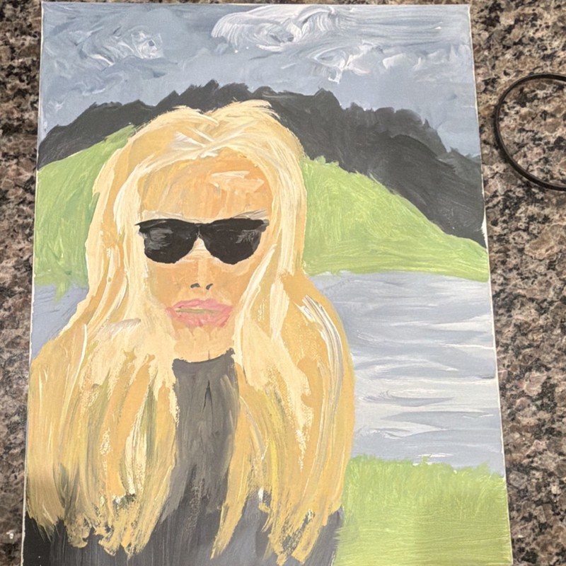 Contemporary Art Painting Woman by Lake Landscape Mountains Unframed Handmade