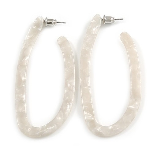 Off White Oval Hoop Earrings with Marble Effect - 65mm Long - 第 1/6 張圖片