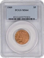 1909 $5 Gold Indian MS64 PCGS