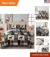 Lodge Quilt Set Full/Queen Size, Rustic Cabin Bedding Set Black Deer Bedsprea...