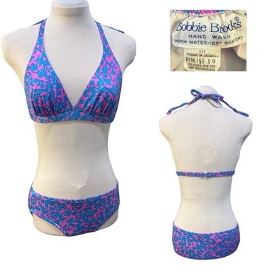Vtg 1970s Bobbie Brooks Bikini Swimsuit Halter Pink Blue Scroll Sz 9* Retro Mod