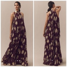 Anthropologie BHLDN Rosie Mock Neck Pleated Chiffon Floral Maxi Dress Sz Small