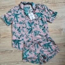 Desmond and Dempsey Bromley Parrot 100% Cotton Short Pyjama Set Luxury XS £135