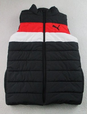Puma Puffer Vest Youth Medium 10/12 Black Red White Colorblock Quilted Zip Logo
