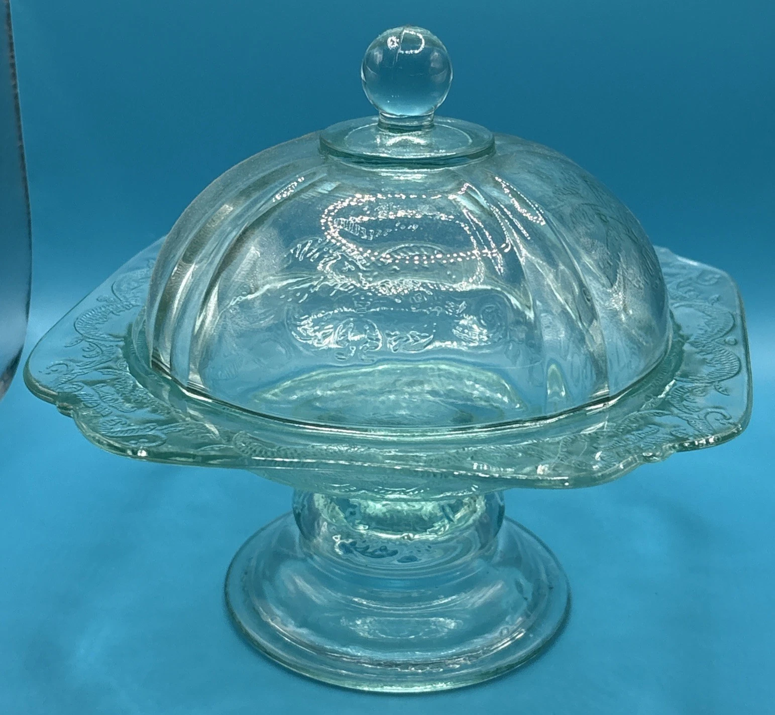 Indiana Glass Co. Recollection Teal Covered Butter Cheese Dish Holder w/Box 3019
