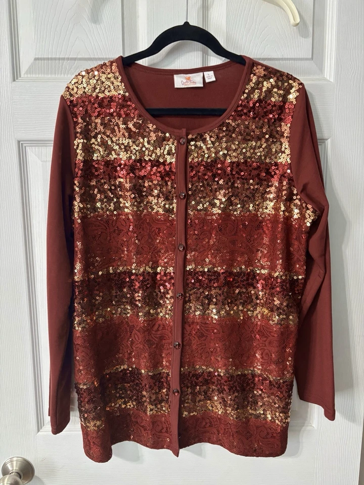 Quacker Factory Sequin Cardigan Size L  Burgundy Gold Striped Lace - Image 2 of 4