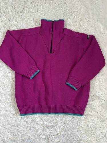 M57000 Vintage 80s Wool Retro ColorBlock Henley Tight Knit Fuchsia Pink Sweater - Picture 1 of 10