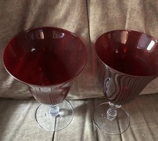 2 Handblown Water Goblet Frosted look Ruby Red with Clear Stem Glasses 8" EUC