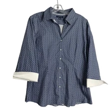 Lands End No Iron Pinpoint Oxford Shirt Womens 18 Blue Geometric Print Preppy