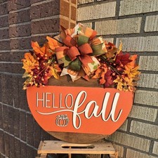 Hello Fall Door Wall Decor Autumn Leaves Bow Fall Harvest Pumpkin Sign for Home