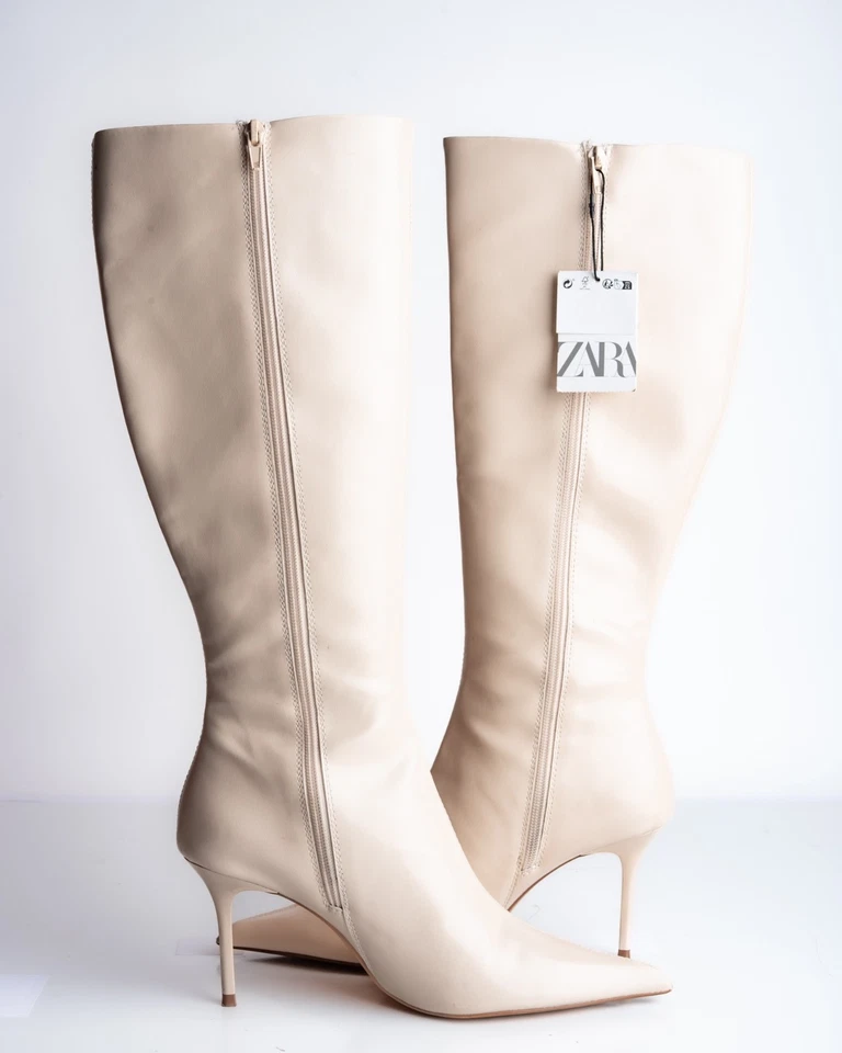Zara Womens Knee High Boots Winter White Faux Leather US 9 EU 40 NWD 2009/410 - Image 4 of 4