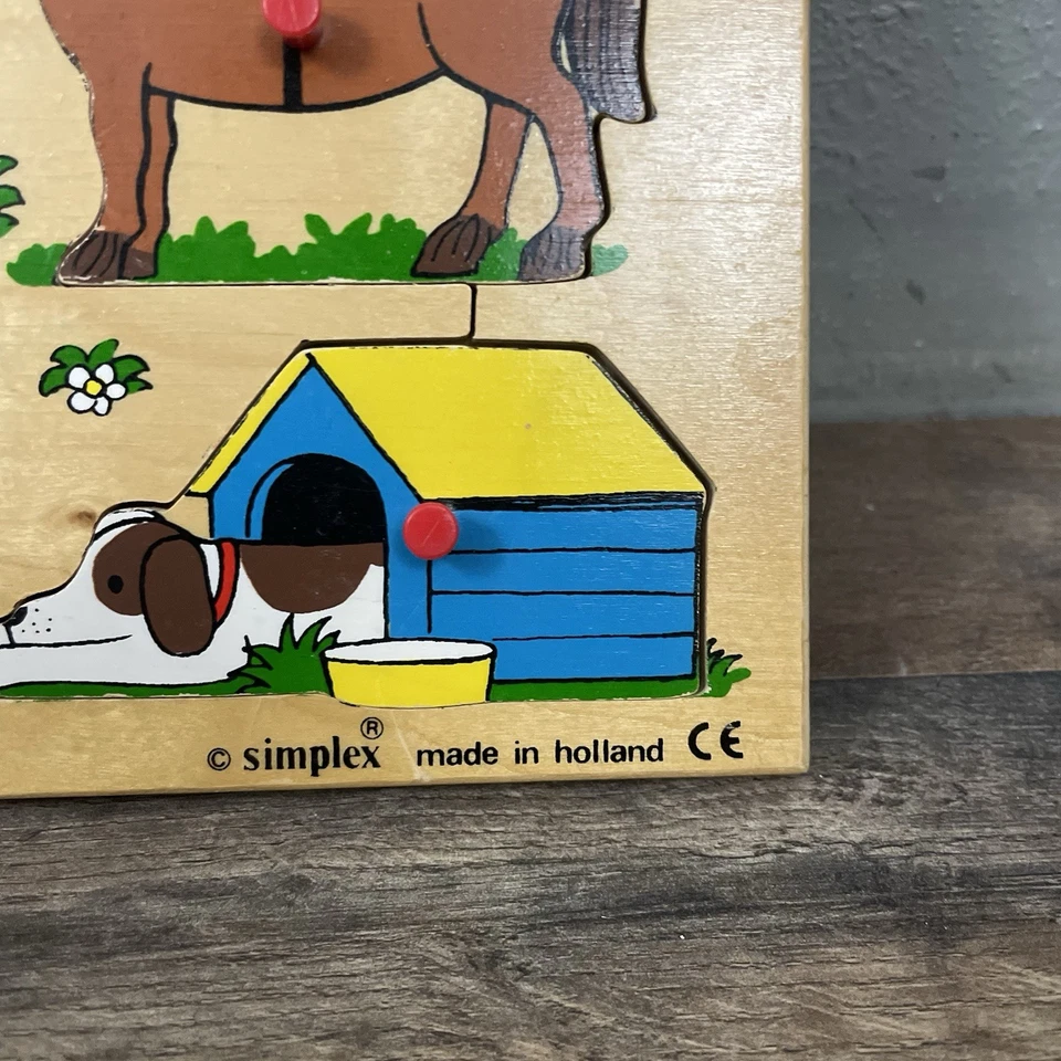 Vintage Simplex Holland Wooden Puzzle Animals Farm Tractor Pig Cow 9 Piece Pegs - Image 2 of 4