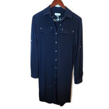 Calvin Klein Navy Blue Gold Button Roll Tab Long Sleeve Shirt Dress Size 4