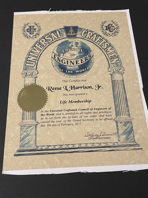 Universal Craftsmen Council Of Engineers R. Harrison Life Membership Certificate