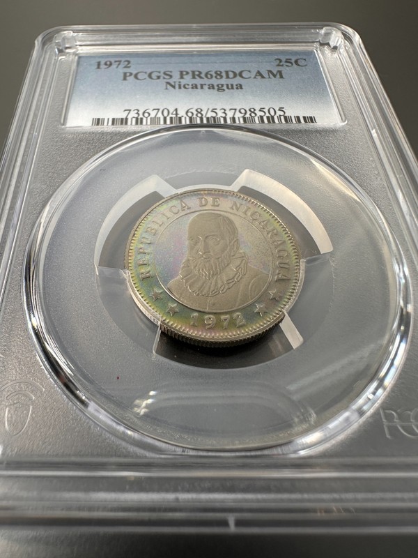 1972 Nicaragua 25 Centavos Proof Coin PCGS PR68 DCAM KM# 18 Toned!