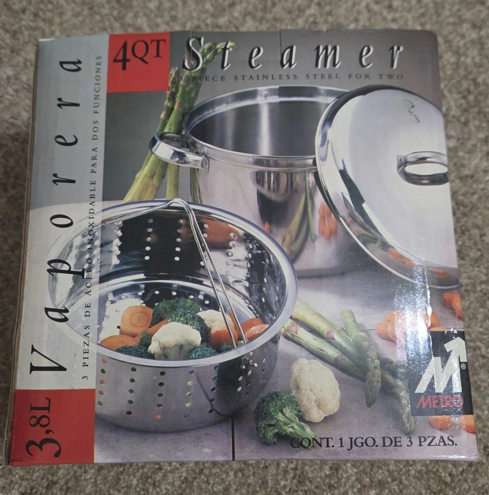 Vaporera 4 Qt Steamer 3 piece Stainless Steel for Two, NEW