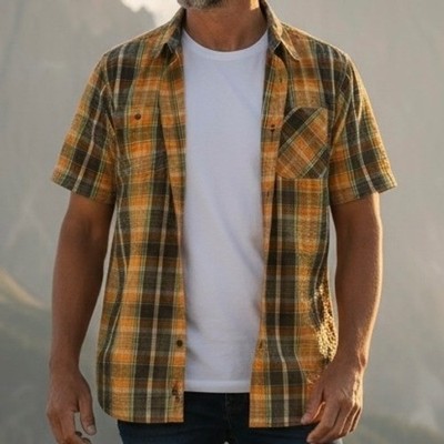 The North Face Mens Plaid Short Sleeve Button Down Shirt LG Orange Brown Green
