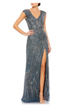 MAC DUGGAL 5227 INTRICATE BEADED V-NECK THIGH HIGH SLIT GOWN CHARCOAL GOWN sz 16