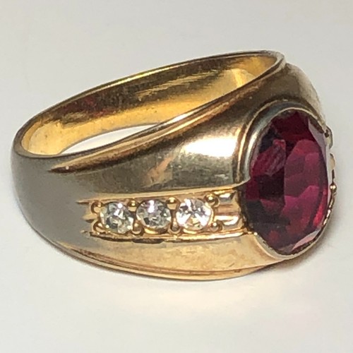 Vintage Men's Ring 18K GE Ring Sm White Rhinestones 1 Red Stone Size 12 - Picture 16 of 16