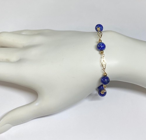 Pulsera de placa de lapislázuli genuino de 8" relleno de oro amarillo de 14 quilates de 8 mm - Imagen 2 de 5