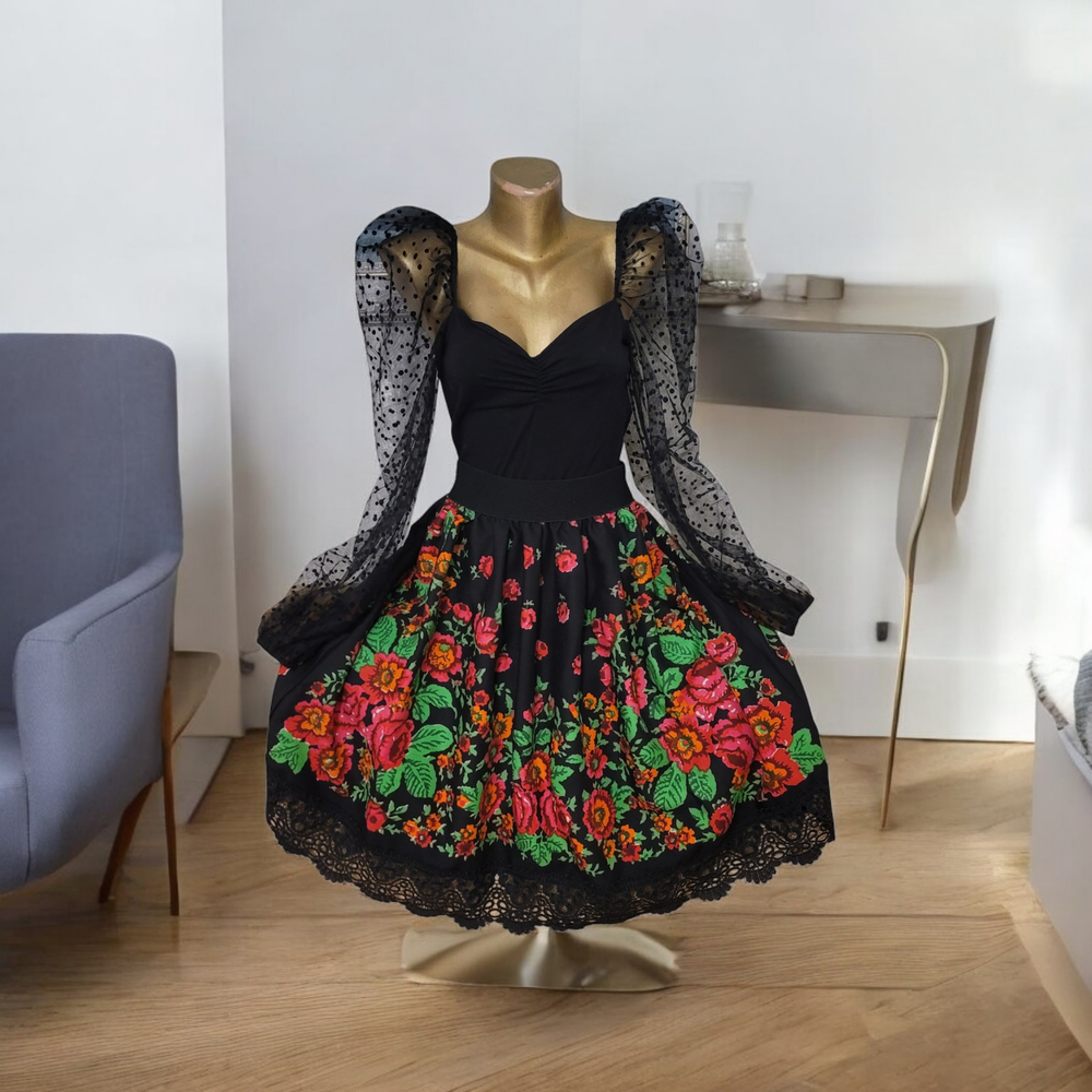 Traditional folk skirt midi, floral skirt, gypsy skirt, roses on black skirt