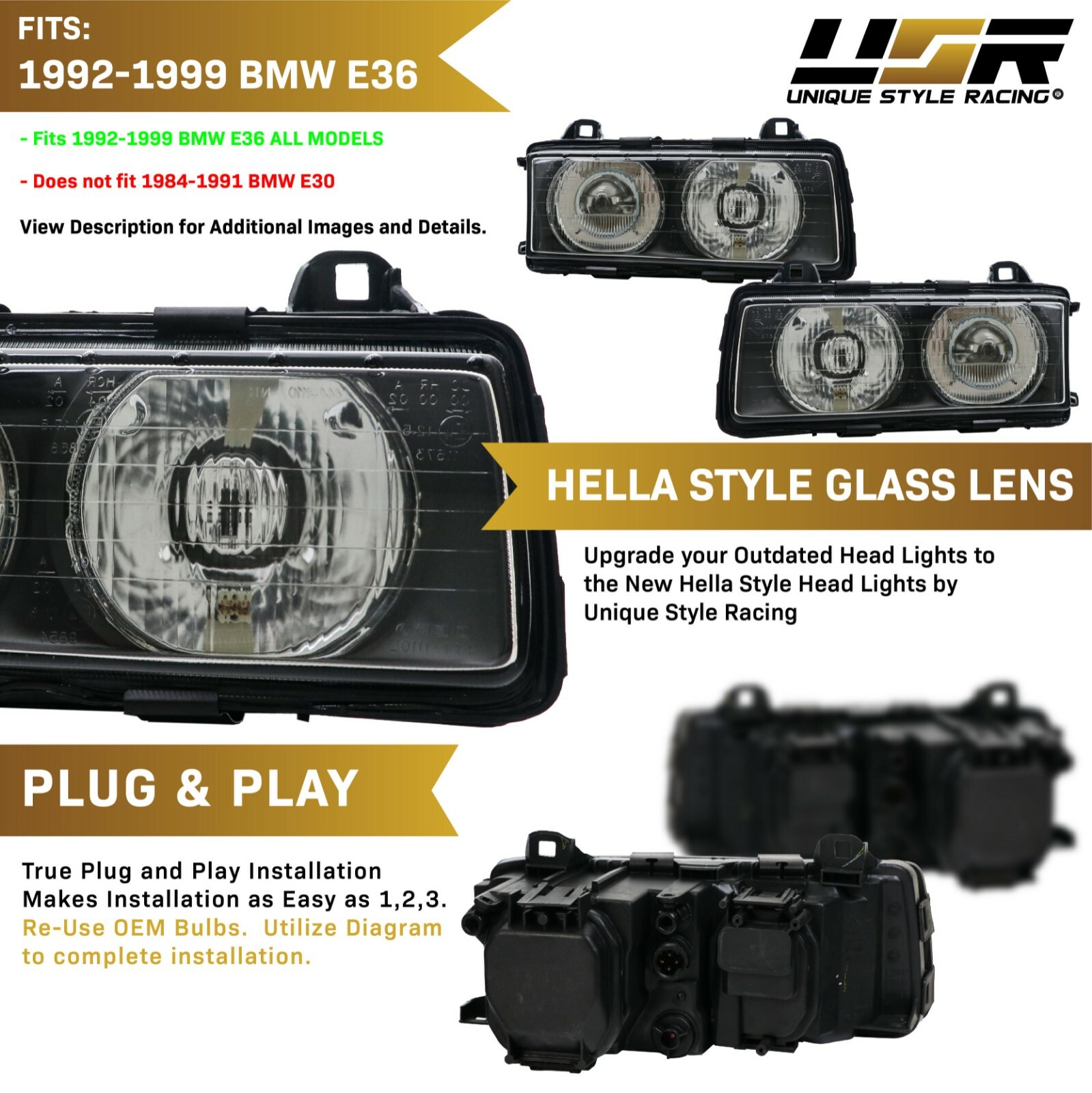 DEPO Euro Glass Ellipsoid Projector HELLA Style Headlamp for BMW  