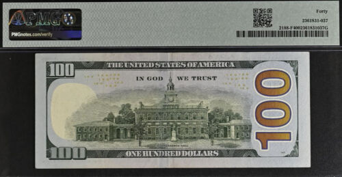 2013 $100 Federal Reserve Note - PMG 40 - Near Solid Serial Number 55555755 - Picture 3 of 3