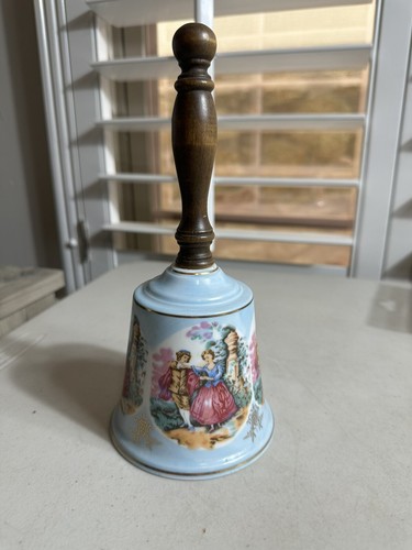 Large Victorian Porcelain Bell With Wood Handle Light Blue Gold Trim - Picture 8 of 8